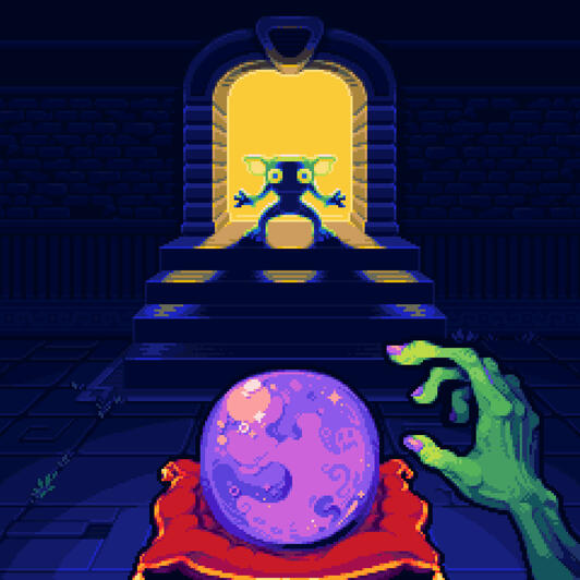 A pixel art illustration showing, from a fist-person perspective, a green hand hovering above a purple shiny orb, setting on a red cushion. The background is a dark dungeon room, where a set of stone stairs lead into a backlit archway, where the silhouette